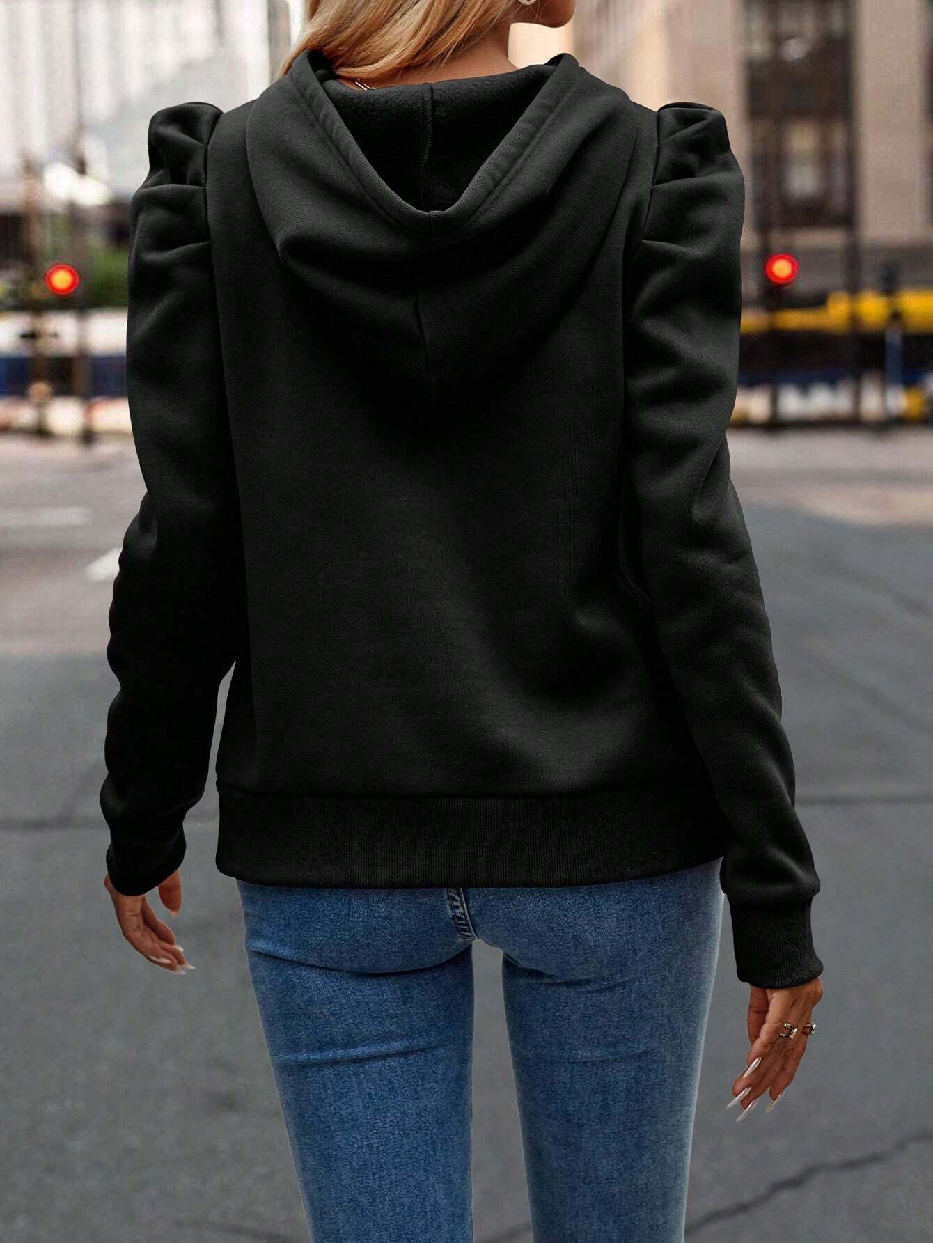 Ruched Puff Long Sleeve Hoodie