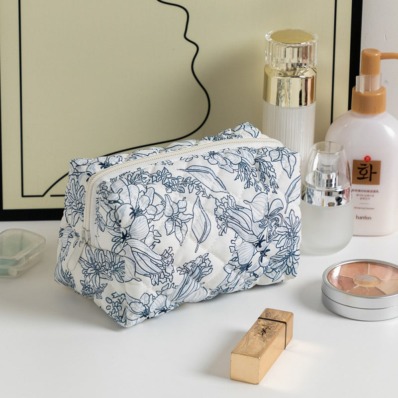 Custom Embroidered Floral Quilted Cosmetic Bag