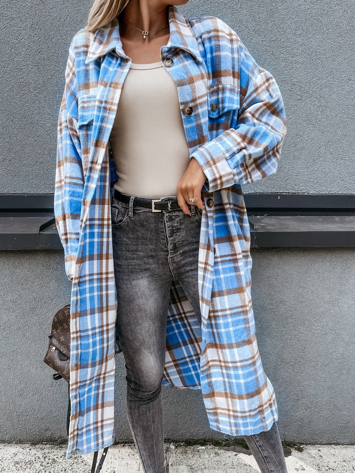 Mid Length Grid Shirt Coat