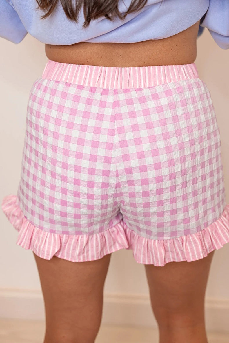 Gingham Print Ruffle Striped Detail Lace Tie Shorts