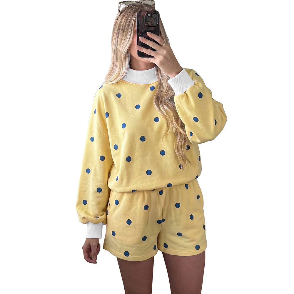 Yellow Polka Dot Ribbed Trim Long Sleeve Top Casual Short Set