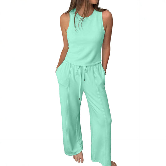 Moonlight Jade Drawstring Elastic Waistband Solid Color Two Piece Casual Set