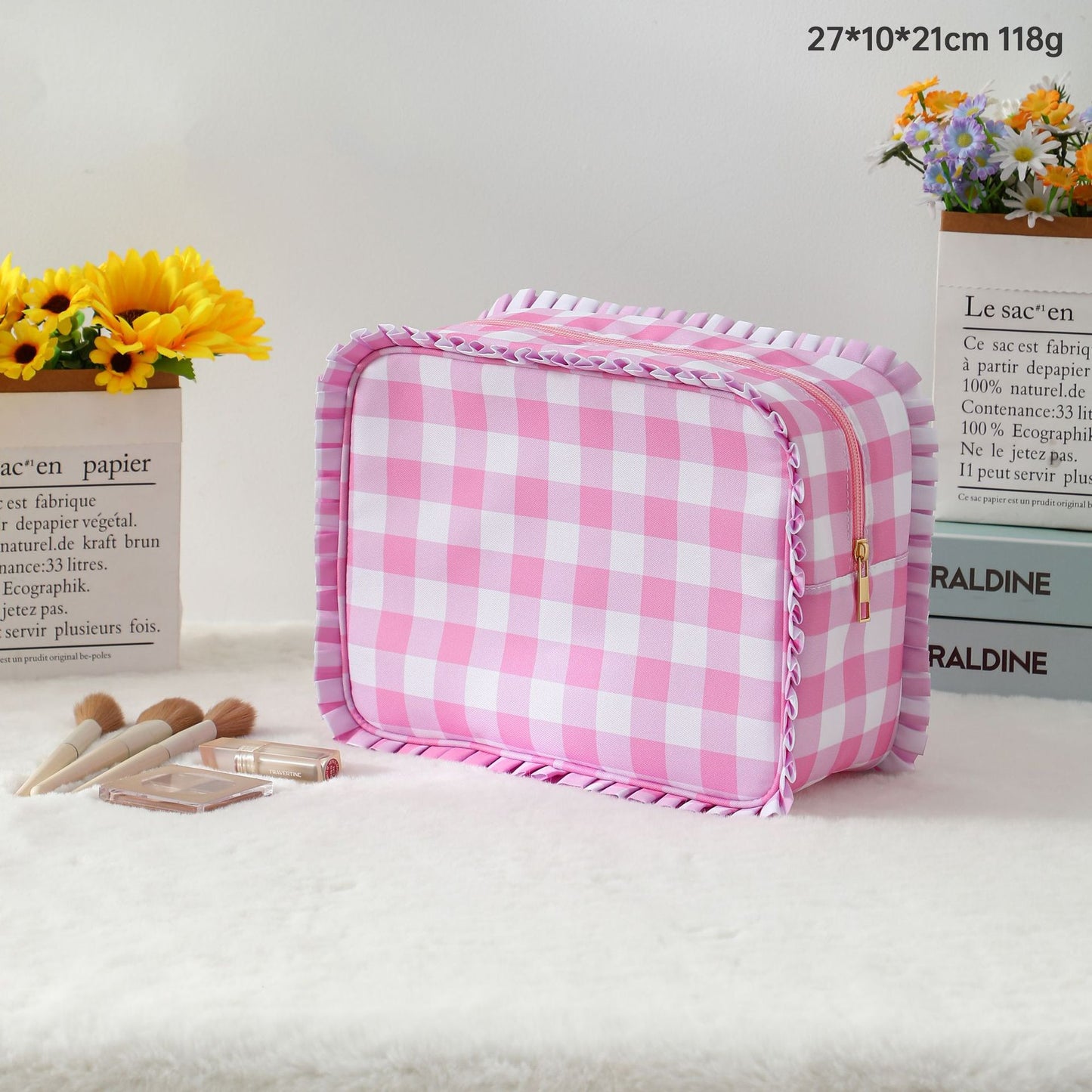 Ruffle Checker Cosmetic Bag