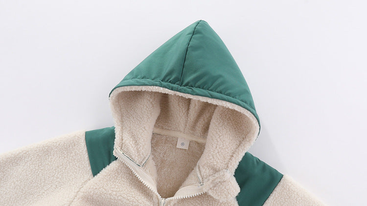 Children's cotton-padded embroidered hooded color-blocked jacket