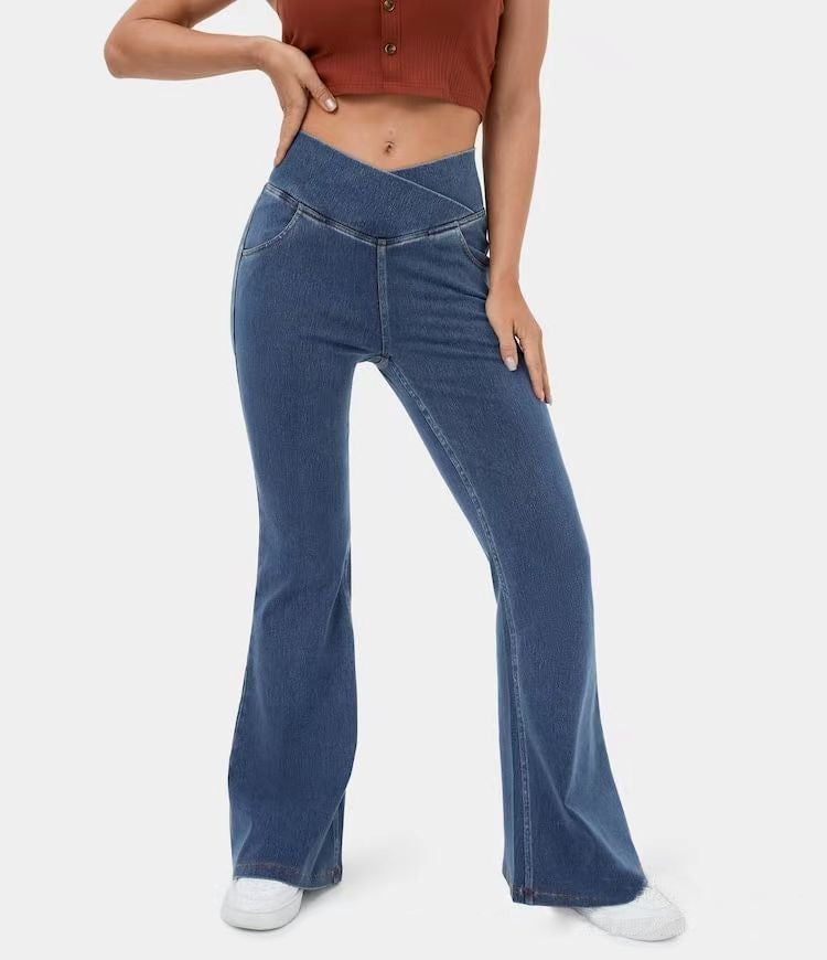 High Waisted Crossover Pocket Flare Jeans