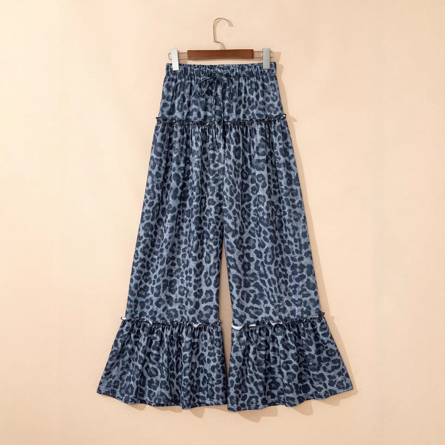 Gray Wild Leopard Print Frilled Detail Drawstring Wide Leg Pants