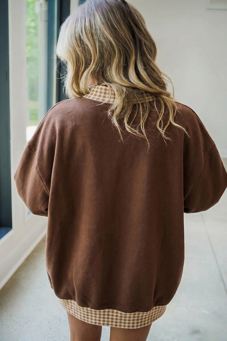 Coffee Polka Dot Trim High Neck West Letter Graphic Baggy Sweatshirt