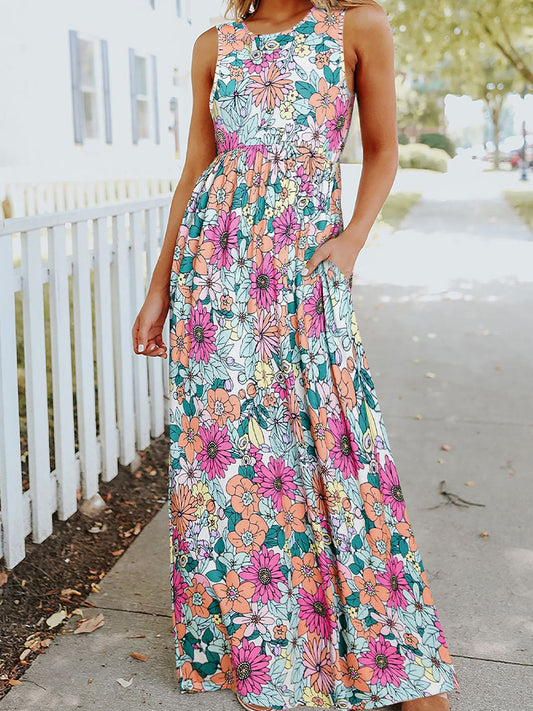 Floral Round Neck Sleeveless Maxi Dress