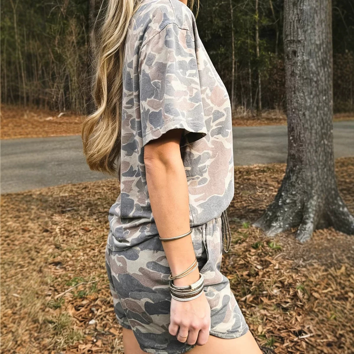 Multicolour Camouflage Loose Tee Drawstring Shorts 2pcs Outfit