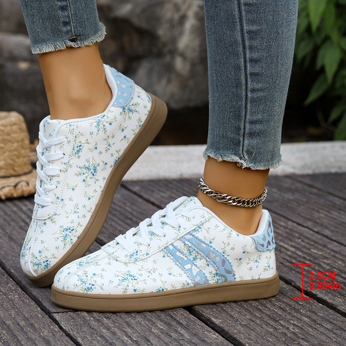 Floral Print Color Block Detail Lace Up Shoes