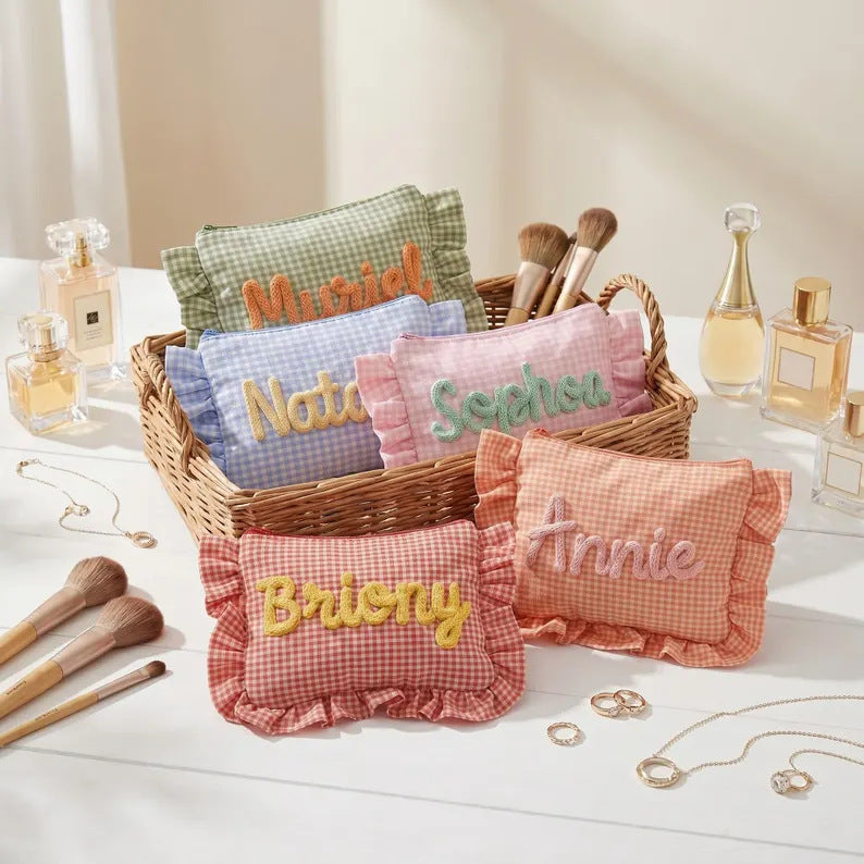 Customizable Text Floral & Plaid Zippered Makeup Bag