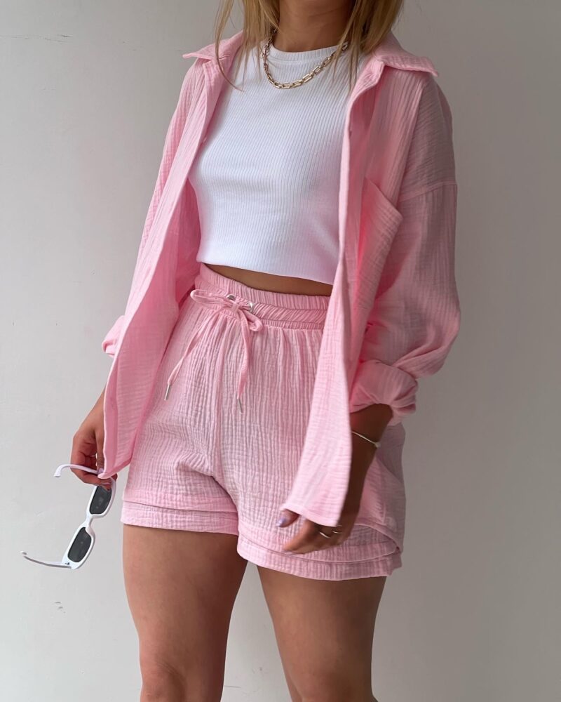 Textured Shirt + Drawstring Shorts 2-Piece Set