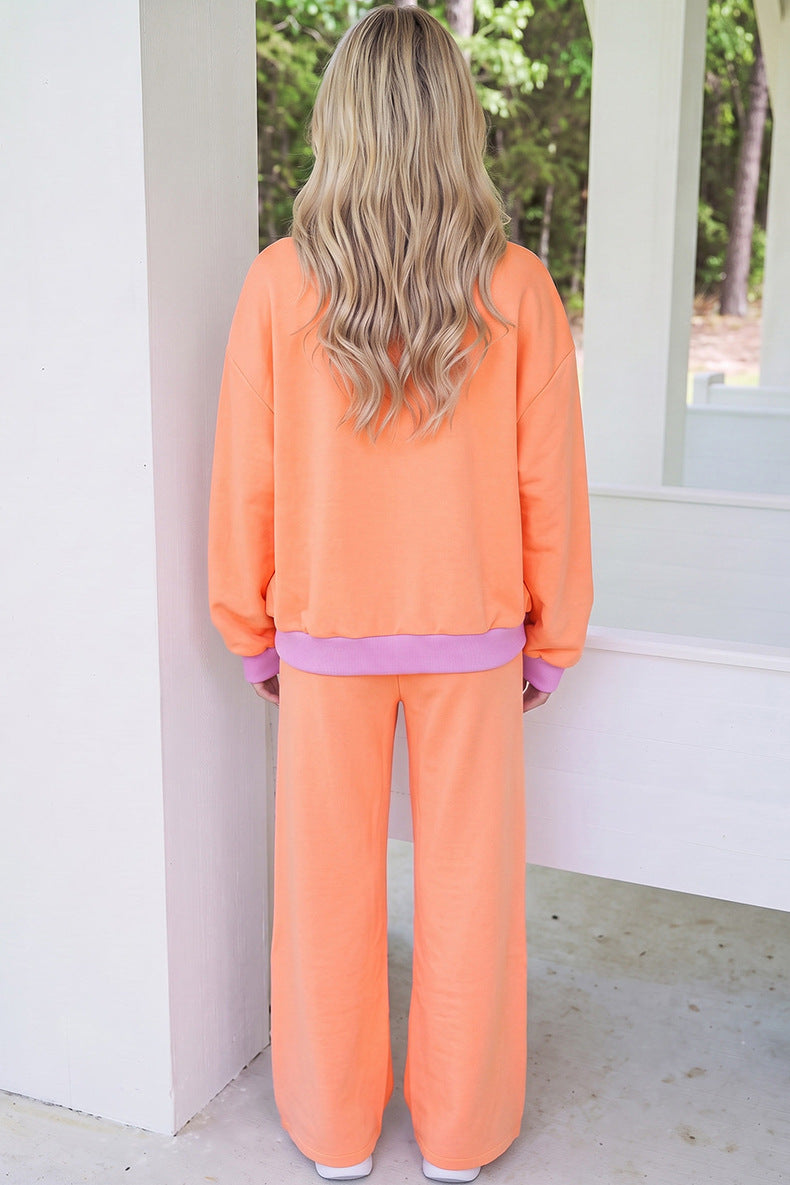 Block Trim Long Sleeve Pullover Drawstring Shift Pants Set