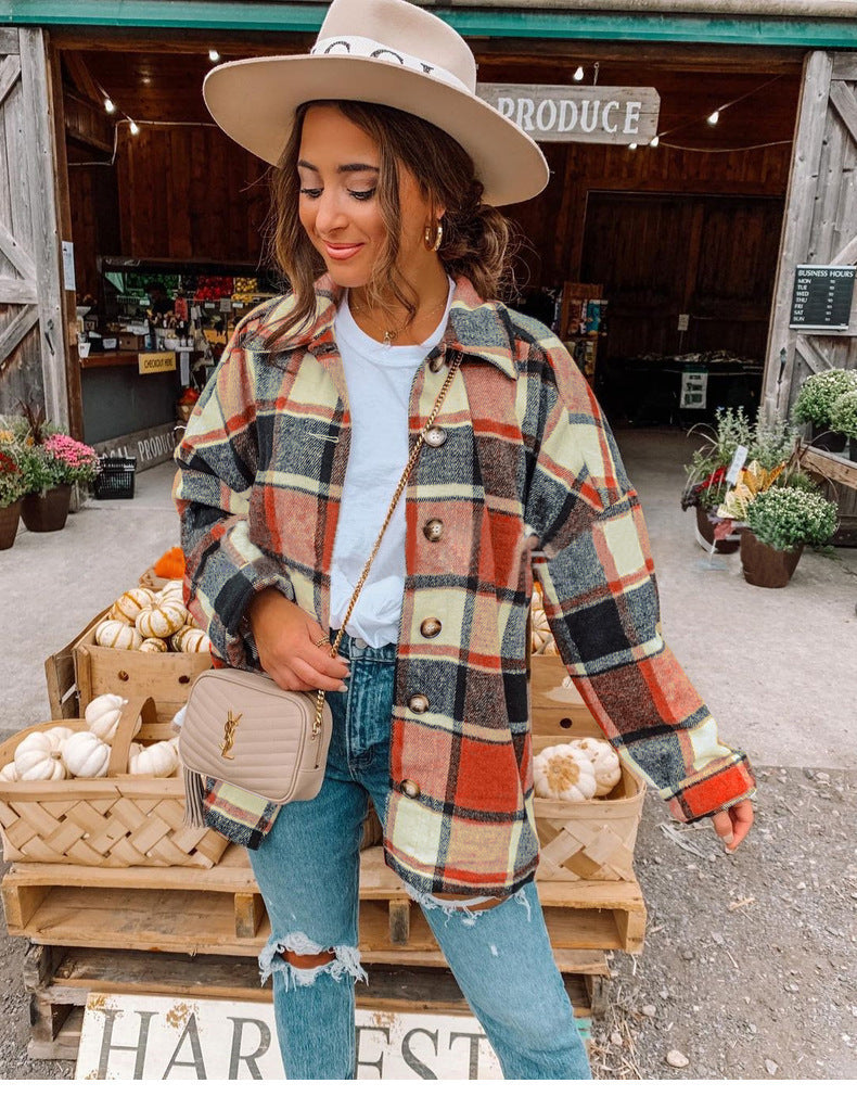 Long-sleeved Lapel Loose-fitting Women's Plaid Shirt