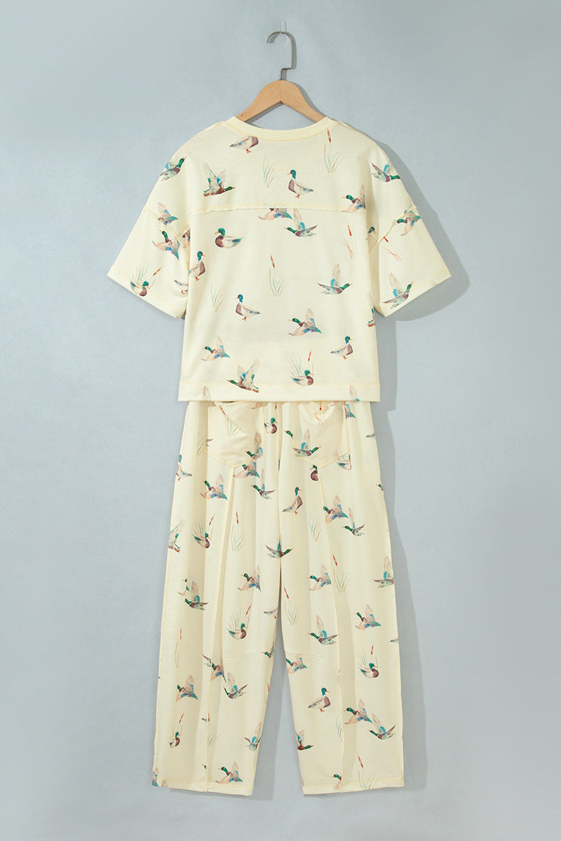 Beige Duck Print Short Sleeve Top Pocket Pants 2pcs Casual Set