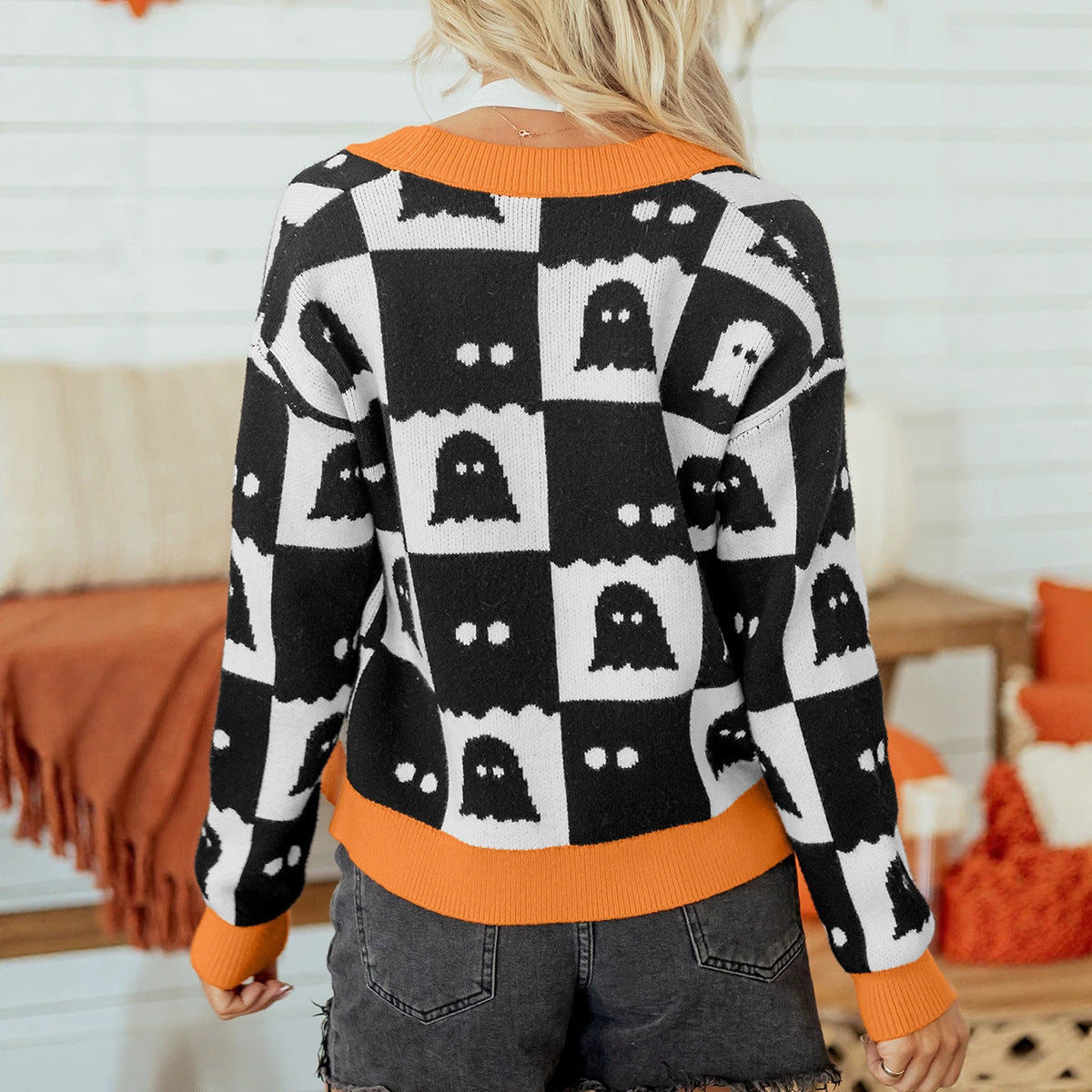 Black Geometric Ghost Print Drop Shoulder Knit Cardigan