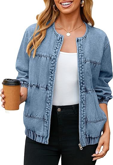 Women's Light Blue Round Neck Zipper Denim Jacket