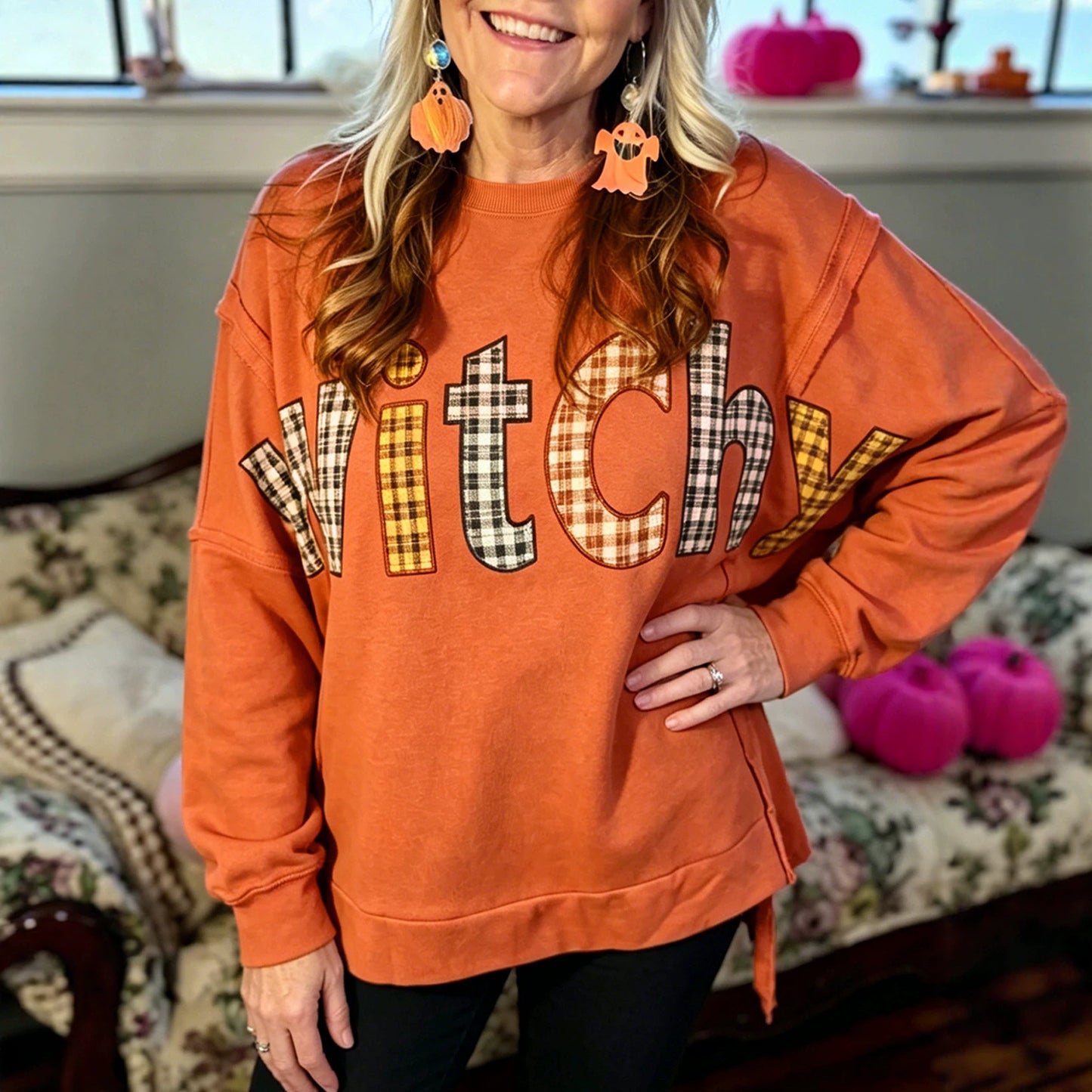 Flamingo Halloween Witchy Plaid Slogan Embroidered Patch Tunic Sweatshirt