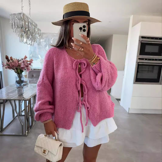Women's Round Neck Lace-up Knitted Cardigan Sweater