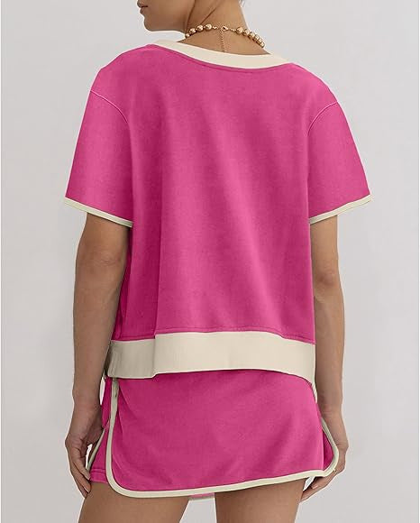 2Pcs Set Colorblock Edge Drop Shoulder T Shirt and Skirt