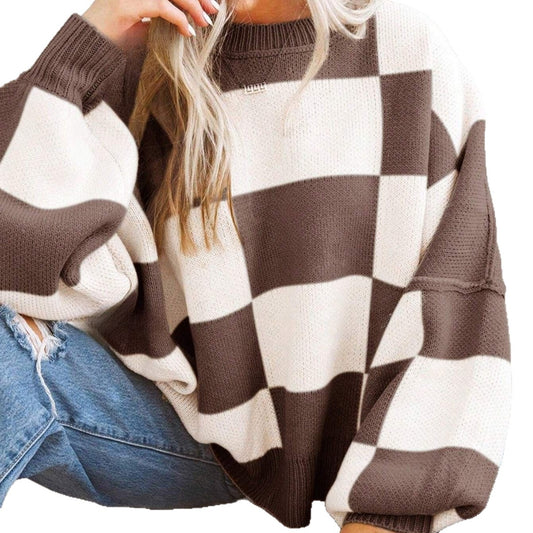 Women's Plus-Size Loose-Fit Color-Block Long-Sleeve Crew-Neck Knit Sweater