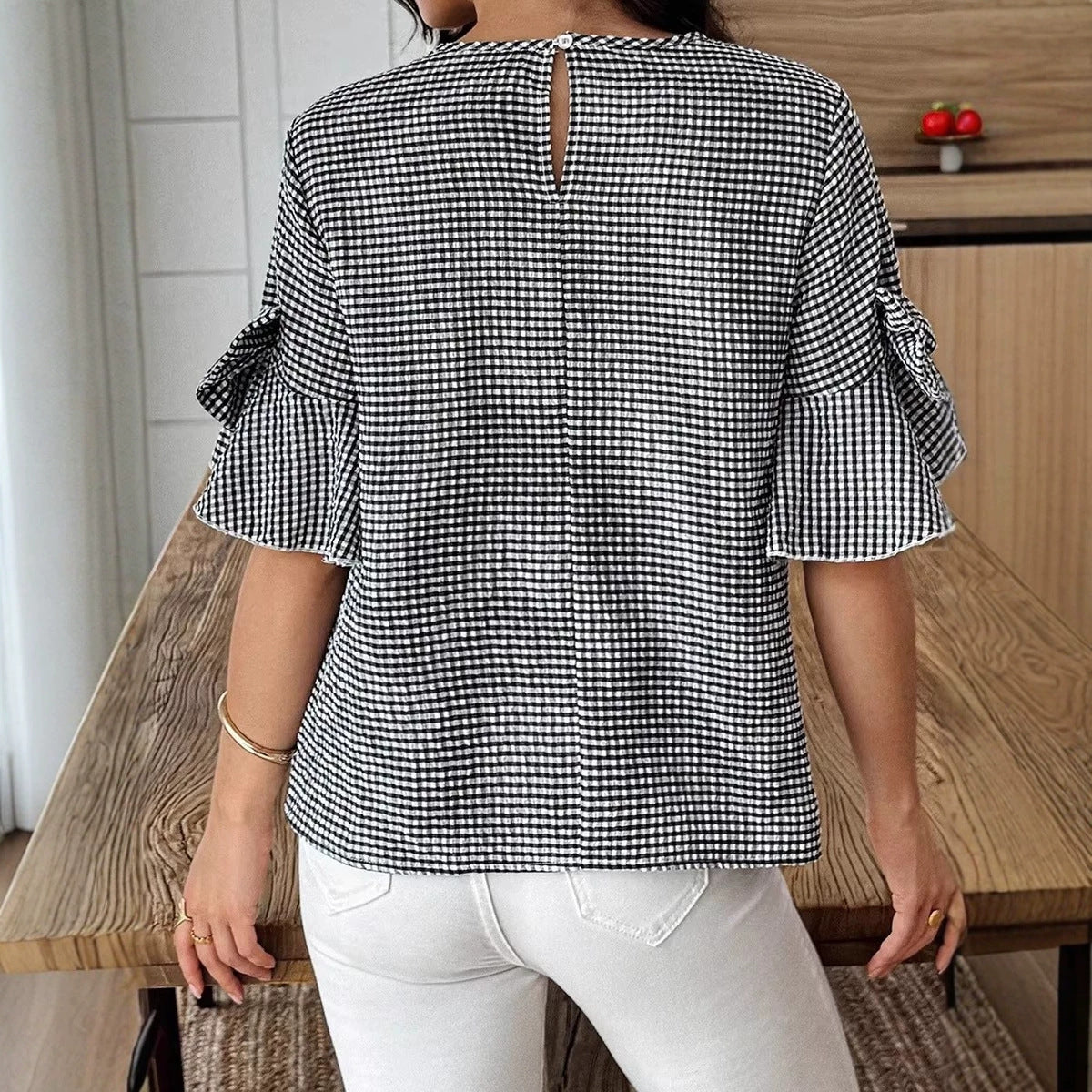 Black Plaid Bow Ruffled Half Sleeve Round Neck Blouse