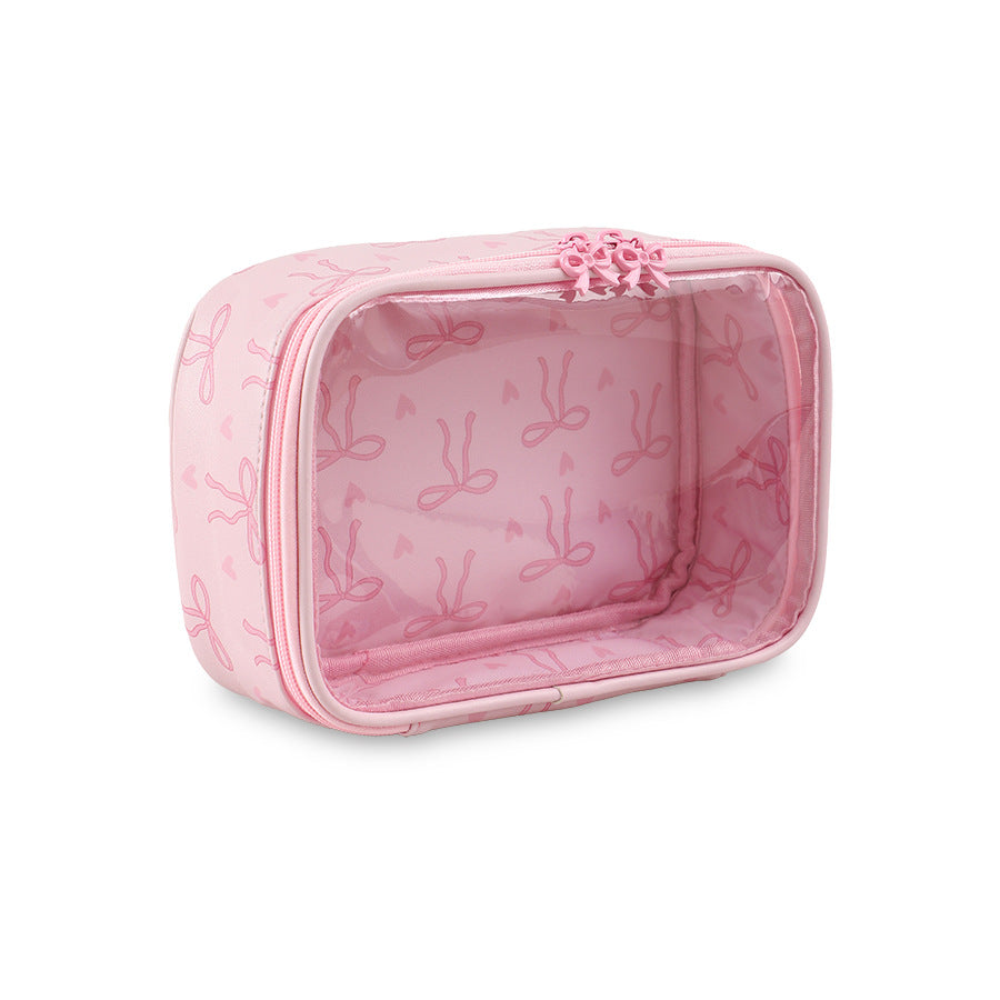 Clear PU Cosmetic Bag Pink Ribbon Toiletry Bag