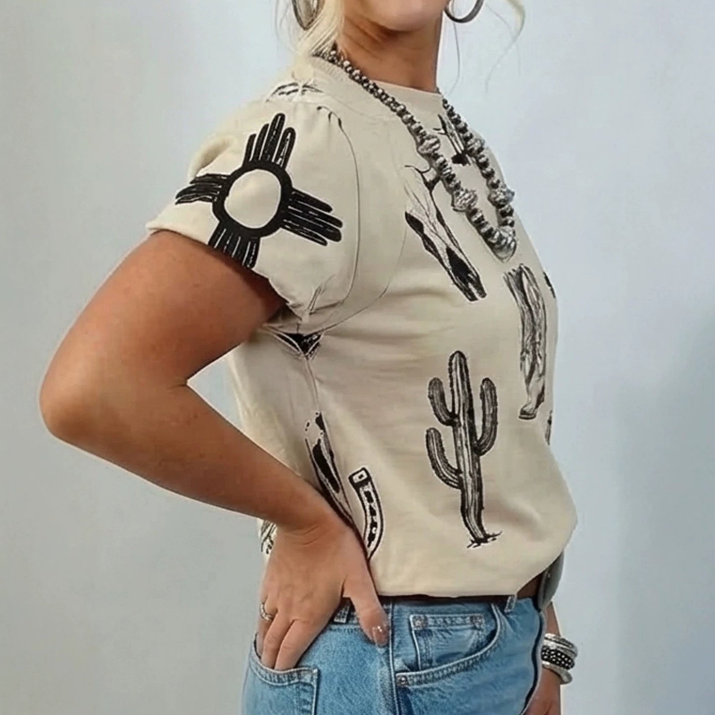 Beige Retro Western Print T Shirt