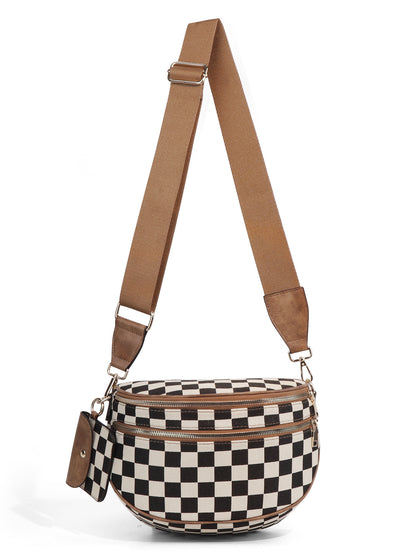 Checkered Crossbody Bag with Detachable Pouch
