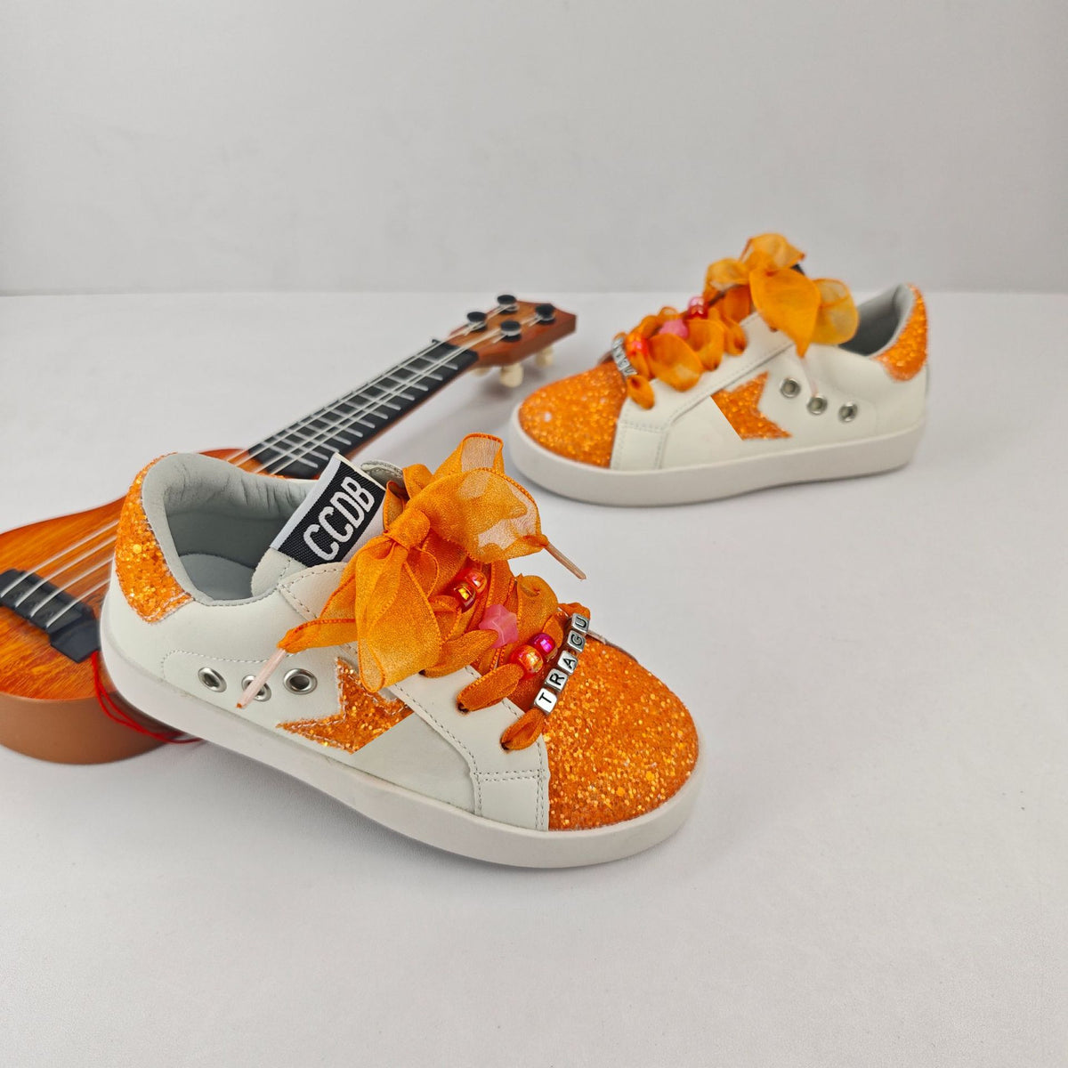 Glitter Star Orange Organza Laced Sneakers