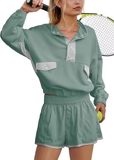 Contrast Color Stitching Long-sleeved Top and Shorts Set(moq2）