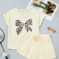 Contrast Leopard Bow Patched V Neck Loose Tee Drawstring Shorts 2pcs Outfit