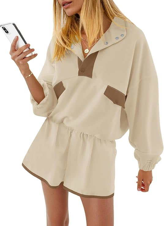 Contrast Color Stitching Long-sleeved Top and Shorts Set(moq2）