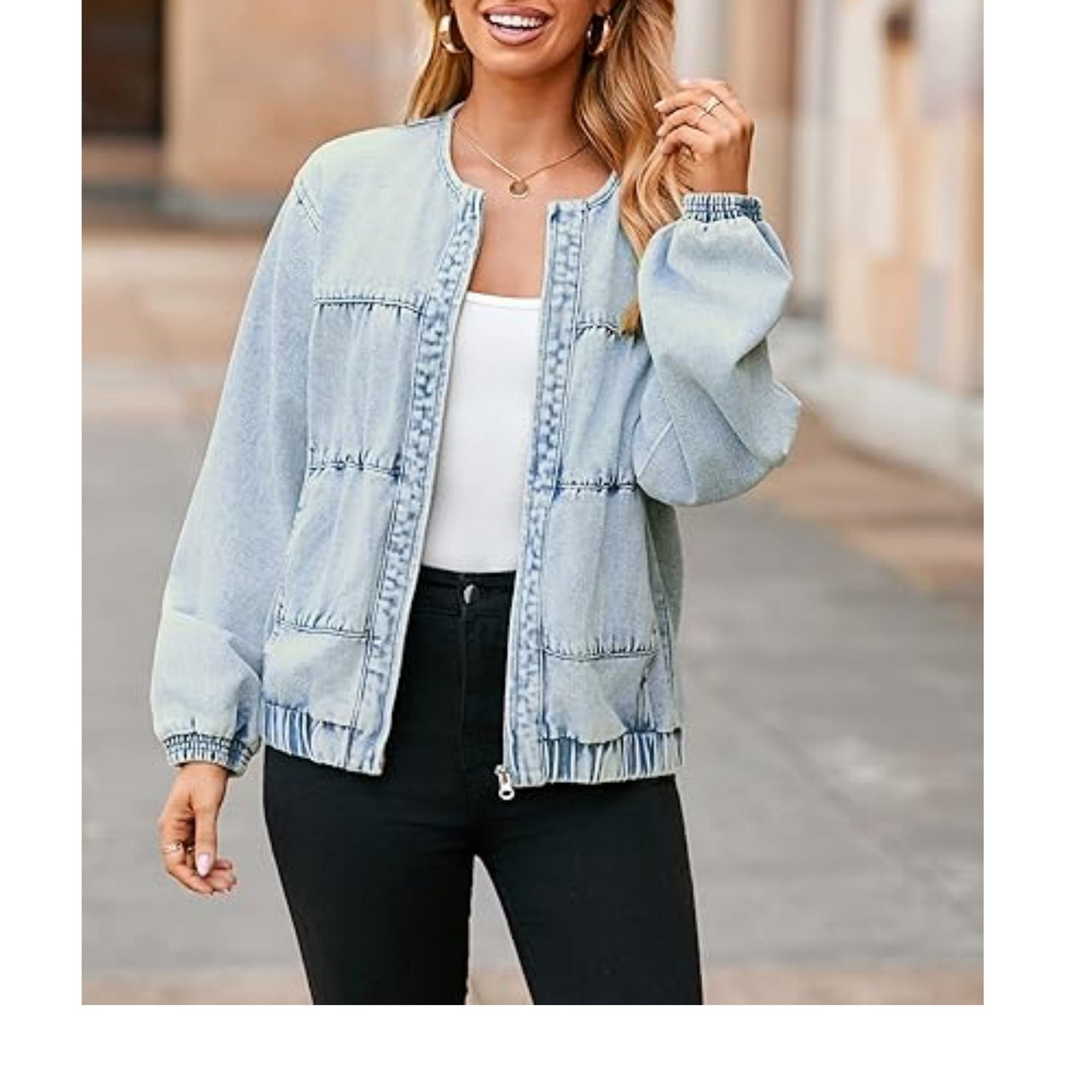 Women's Light Blue Round Neck Zipper Denim Jacket