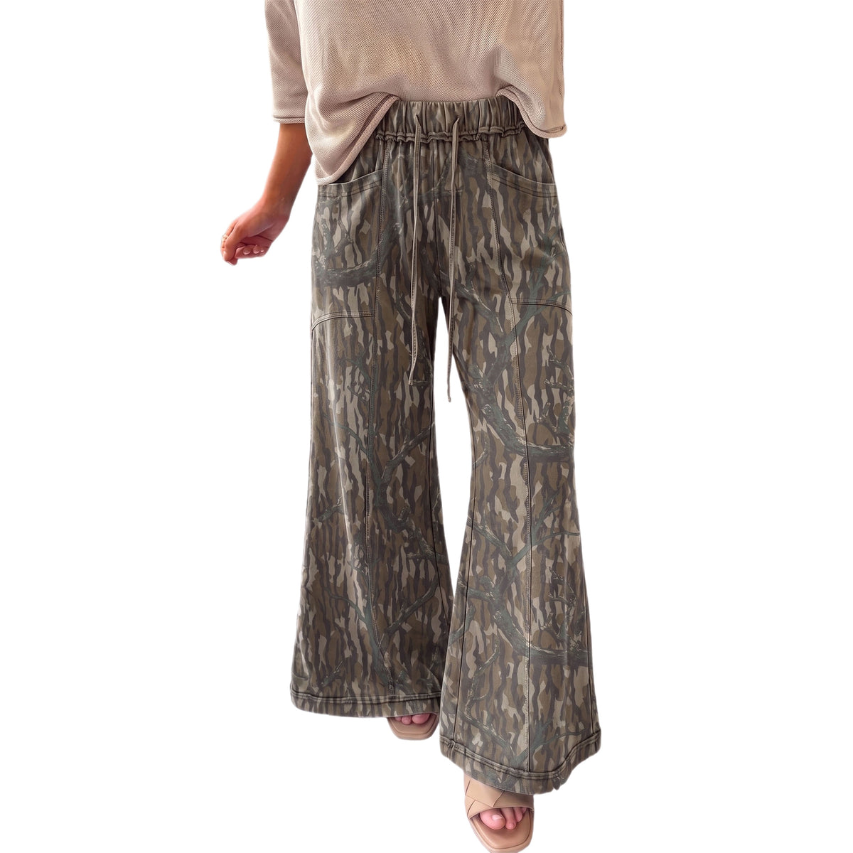 Green Abstract Camo Print Wide Leg Pants