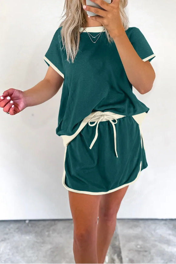 2Pcs Set Colorblock Edge Drop Shoulder T Shirt and Skirt