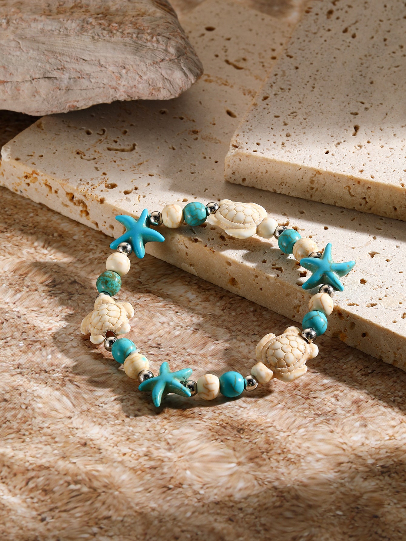 Marine Style Starfish Shell Turquoise Shell Beaded Chain Stretch Bracelets
