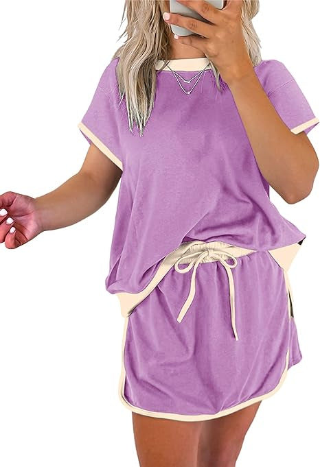 2Pcs Set Colorblock Edge Drop Shoulder T Shirt and Skirt