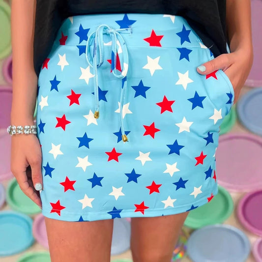 Sky Blue Patriotic Star Printed Beaded Drawstring Mini Skort