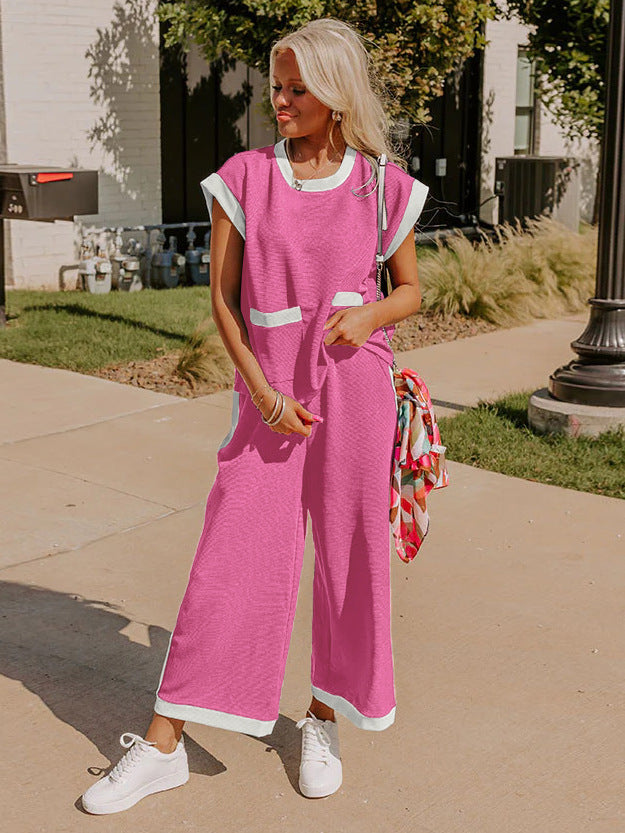 Color Block Pocketed T Shirt and Wide Leg Pants Set