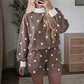 Brown Polka Dot Ribbed Trim Long Sleeve Top Casual Short Set