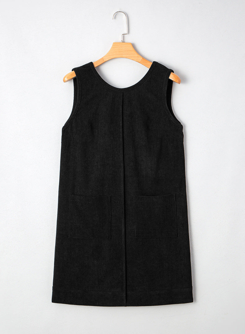 Corduroy Sleeveless Mini Dress With Patched Pockets