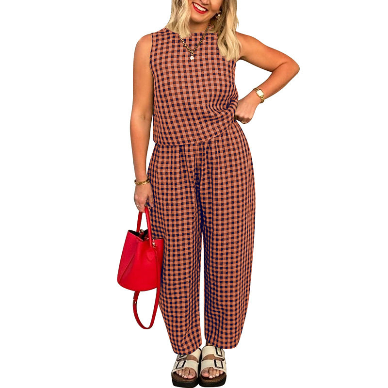 Women's Printed Plaid Sleeveless Vest and Trousers Suit