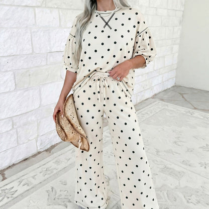 Beige Polka Dot Half Sleeve Loose Top Elastic Waist Casual Pants Set