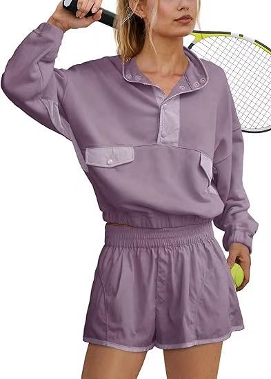Contrast Color Stitching Long-sleeved Top and Shorts Set(moq2）