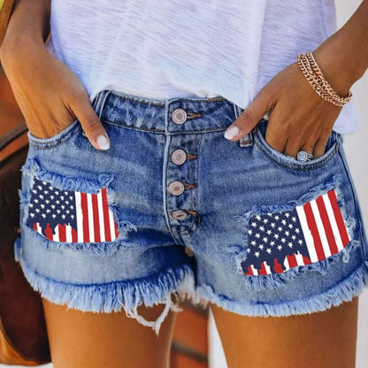 Mid-rise Printed Patch Denim Shorts