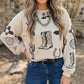 Khaki Western Print Long Sleeve Round Neck Loose Top