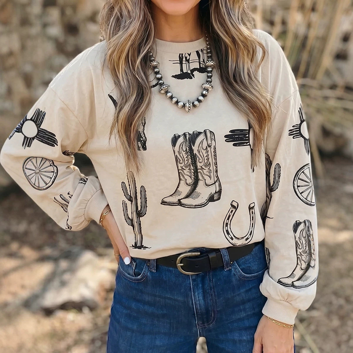 Khaki Western Print Long Sleeve Round Neck Loose Top