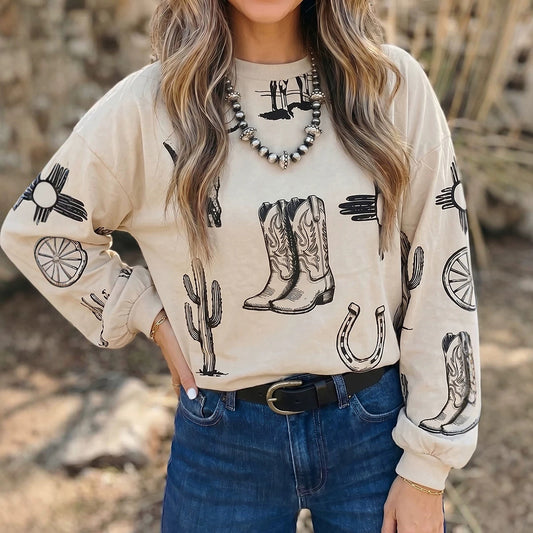 Khaki Western Print Long Sleeve Round Neck Loose Top