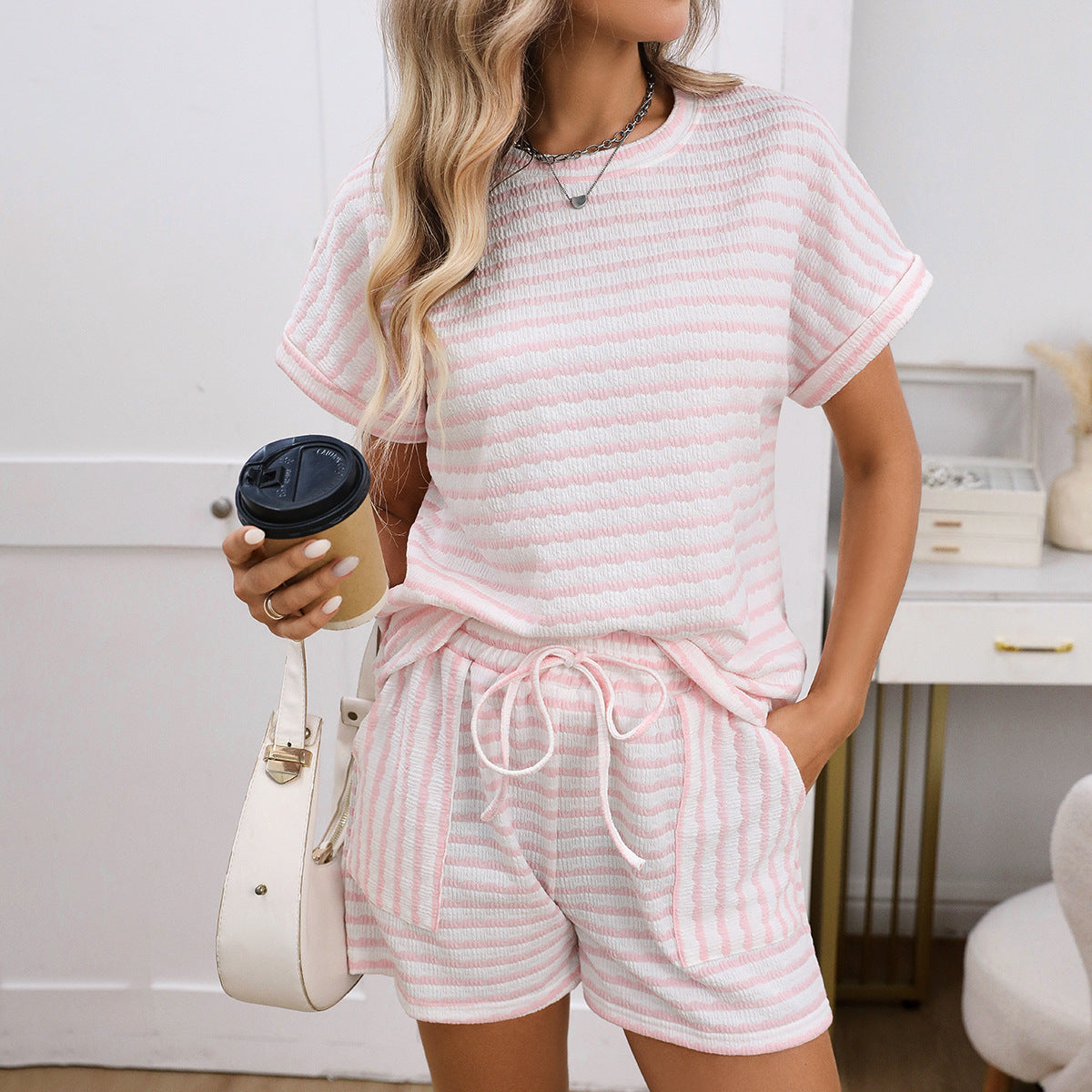 Stripe Knitted Short Sleeve Top and Drawstring Shorts Set